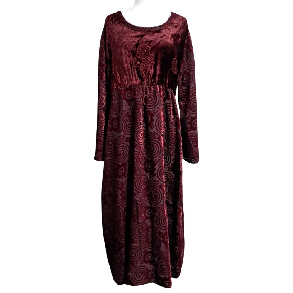 Y2K Boho Burnout Burgundy Velvet Long Sleeve Dress XL Babydoll Whimsygoth Devore